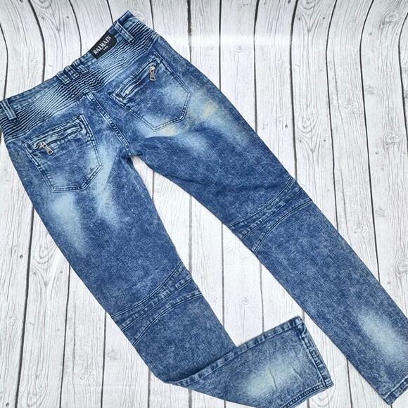 Balmain Blue Moto Distressed Jeans Size 32 please see last picture broke zipper - Picture 6 of 8